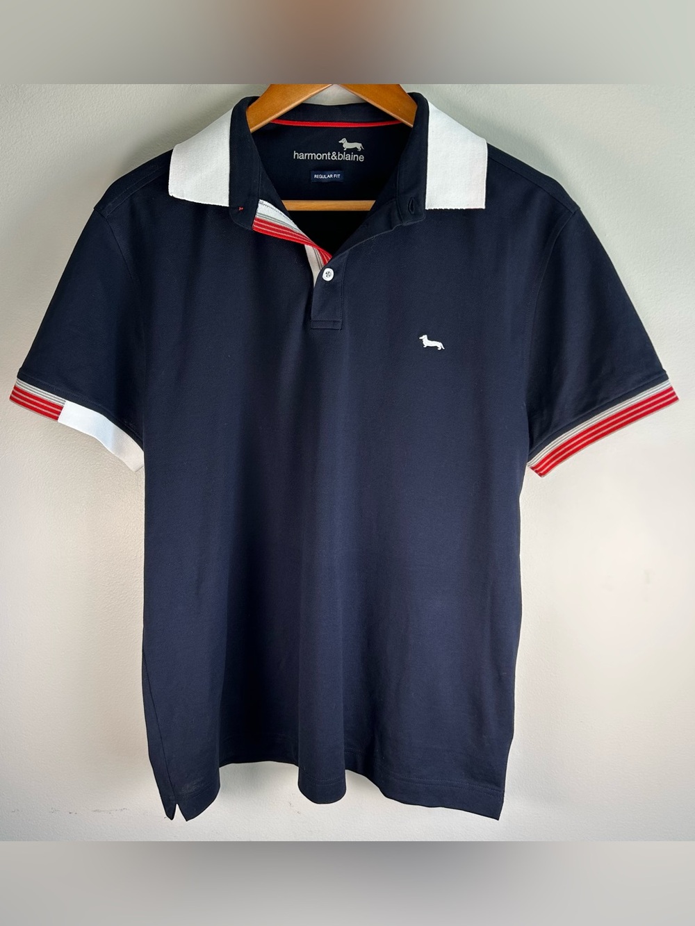Harmont & Blaine Men’s Polo Shirt Size L Regular Fit Navy Red Cotton Pique Logo